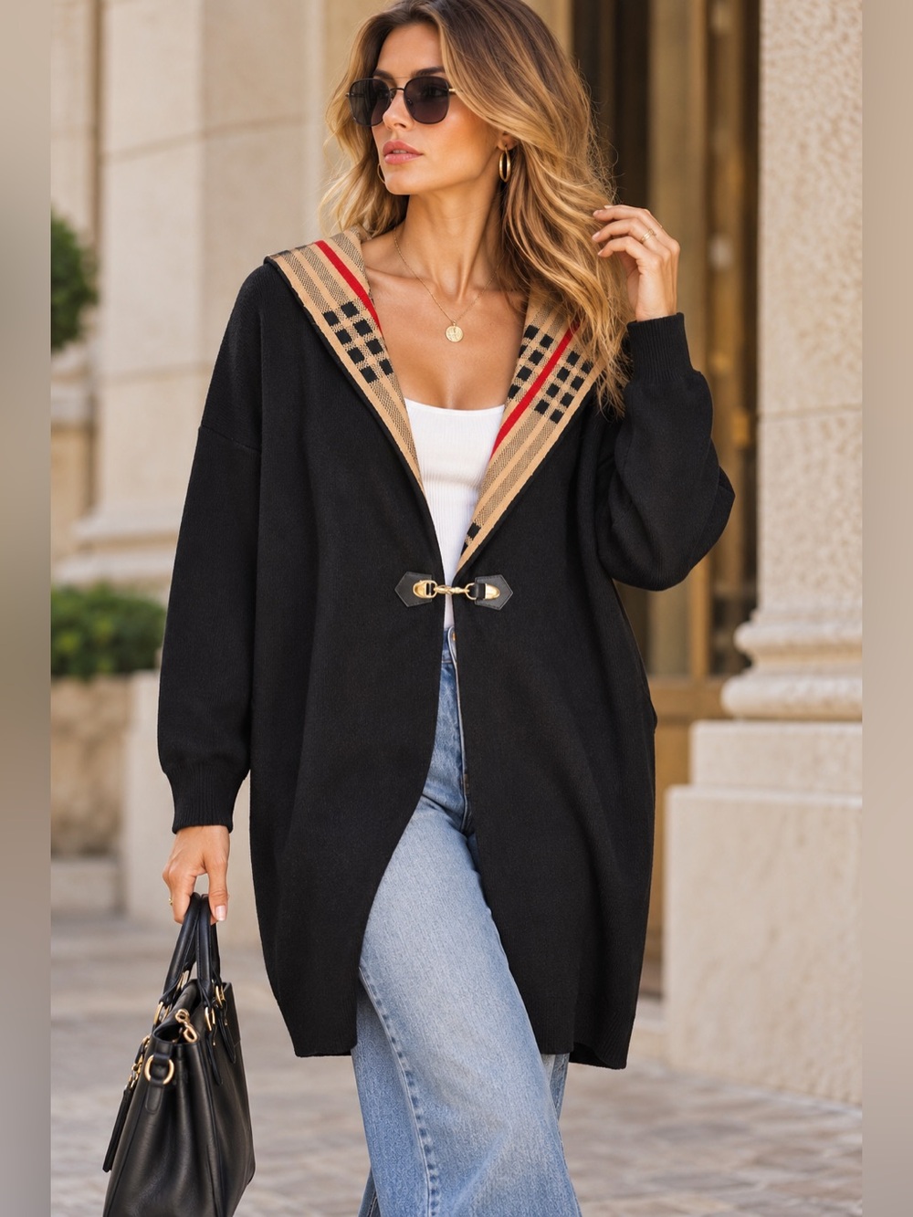 F30. Black Hooded Knit Cardigan with Plaid Trim